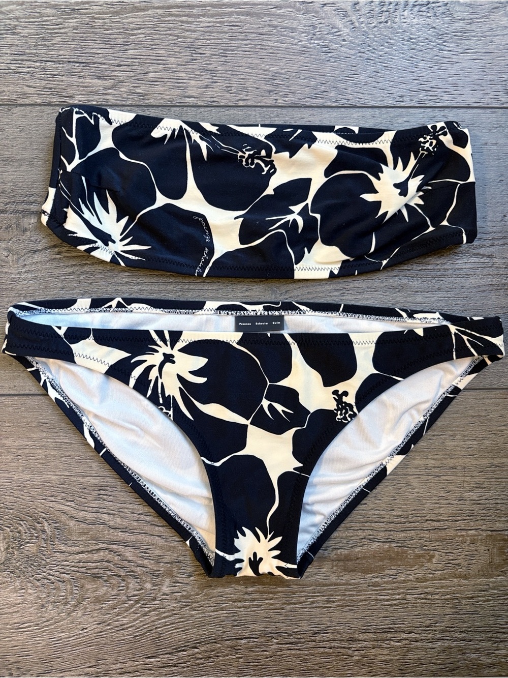 Proenza Schouler Swim Black & Off White Floral Strapless Bandeau Bikini Set